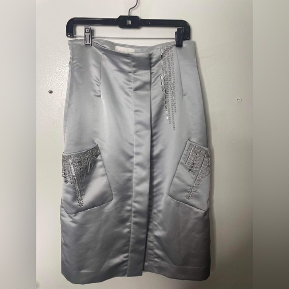 H&M Conscious Exclusive Clear Beads/Gems Silver Satin pencil Skirt - Picture 2 of 11